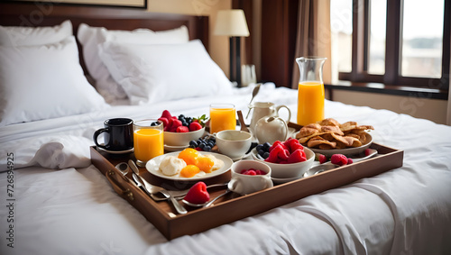 breakfast tray in bed with white sheets. fresh drinks,  and fruit. 