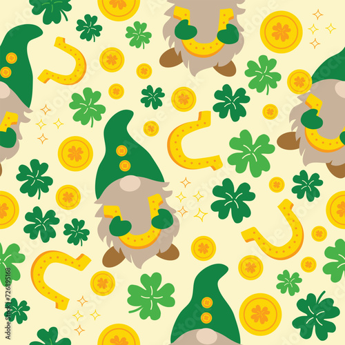 Fototapeta Naklejka Na Ścianę i Meble -  Clover leaf lucky Charms money with cute green gnomes hand drawn seamless pattern vector  for  invitation greeting birthday party celebration wedding card poster banner textiles wallpaper background