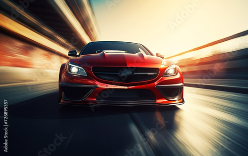 Luxury Acceleration: Front View of Red Sports Car in High Gear © GIGASTOCK