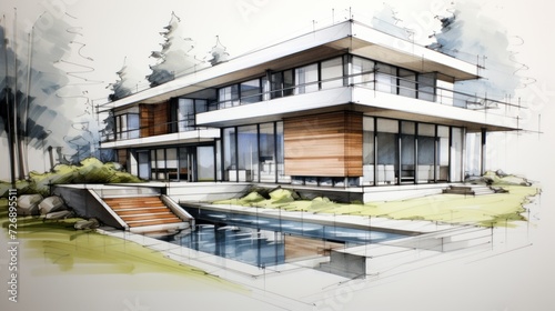 Architectural sketch of a 3D house #726895511