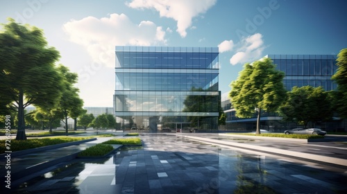 Business center with glass windows Modern office building with trees and parking #726895598