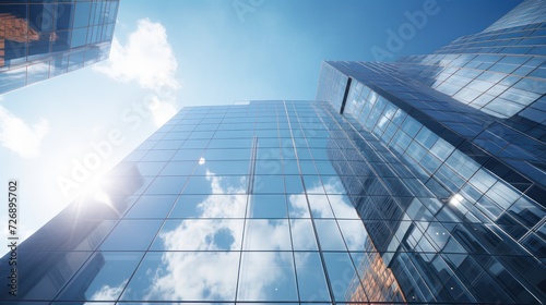 Modern glass of an office building with open windows reflects the sun  sky and clouds.