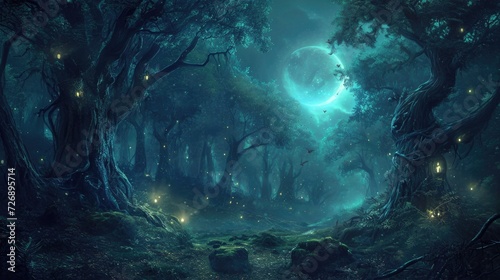 A captivating digital artwork of an enchanted forest bathed in moonlight, with magical glows and sparkling light among ancient trees. Resplendent.