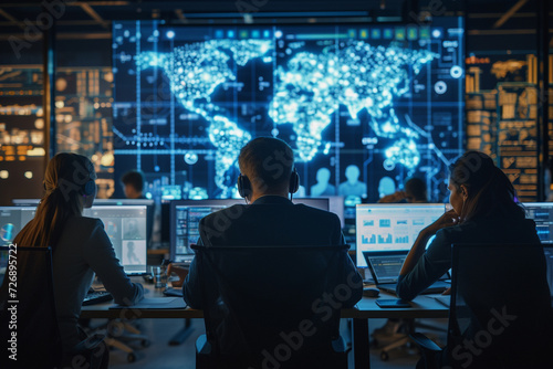 A cyber network defender collaborating with international cybersecurity teams over a secure video conference, sharing intelligence on emerging threats photo