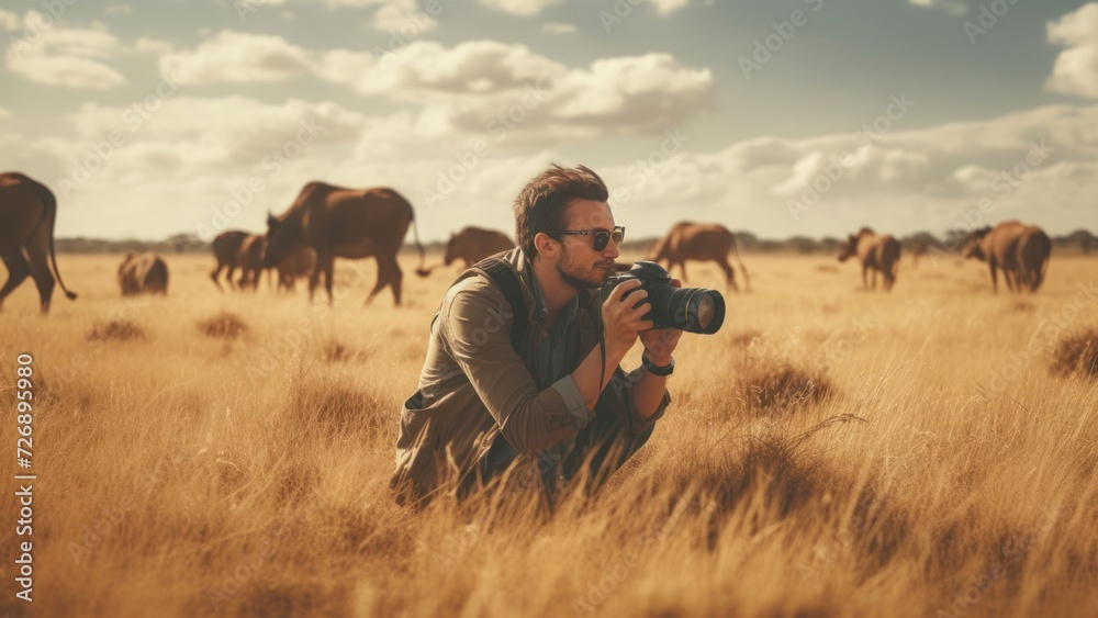 Professional wildlife photographer taking pictures of wild animals in the savannah. - obrazy, fototapety, plakaty 