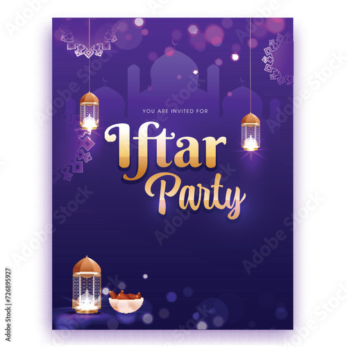 Iftar Party Flyer or Invitation Card with Illuminated Lanterns, Dates Bowl, Silhouette Mosque on Gradient Purple and Blue Bokeh Background. photo