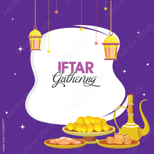 Iftar Gathering Invitation, Poster Design with Delicious Foods, Arabic Jug, Hanging Lamps, Stars on Purple and White Background. photo