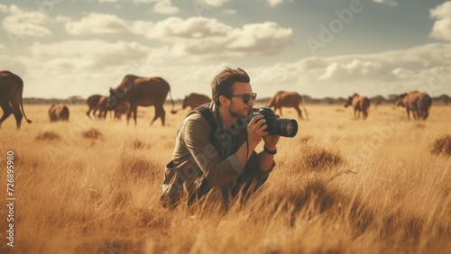 Professional wildlife photographer taking pictures of wild animals in the savannah. photo