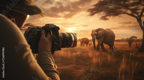 Professional wildlife photographer taking pictures of wild animals in the savannah. © venusvi