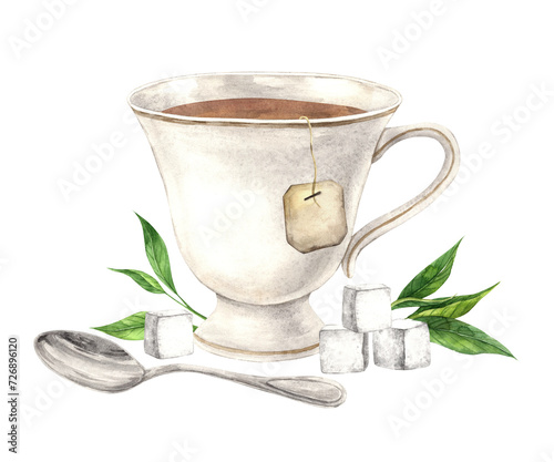 Vintage watercolor cup with tea leaves, saucer and spoon. The illustration is hand drawn on an isolated background. Drawing for menu design, packaging, poster, website, textile, invitations, brochure.