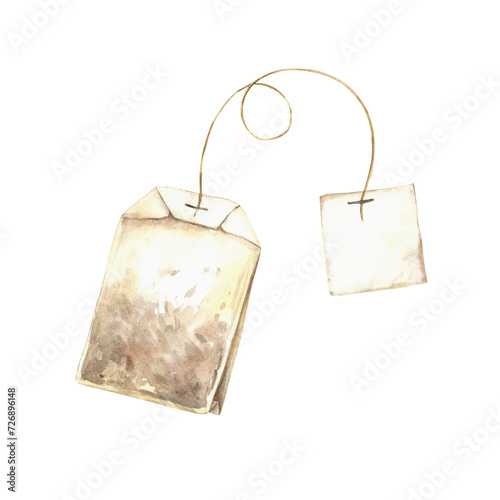 Watercolor drawing of a tea bag with a string. Illustration hand drawn on isolated background, suitable for menu design, packaging, poster, website, textile, invitation, brochure, textile.