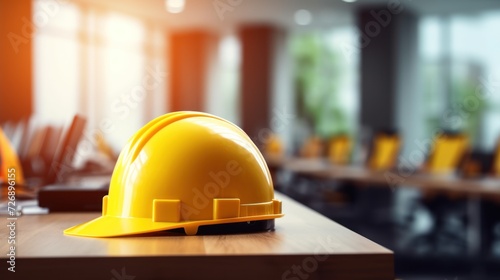 Selective focus of yellow hard hat on desk in office Engineering team meeting background Architect contractor of real estate brokerage