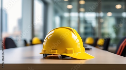 Selective focus of yellow hard hat on desk in office Engineering team meeting background Architect contractor of real estate brokerage