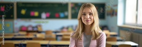 Confident Caucasian Blonde Young Woman Elementary School Teacher in a School Classroom Background: Professional Banner Photo (Horizontal Large Format 3:1) with Empty Copy Space photo