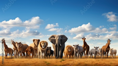 Large group of African animals Safari wild animals in the grassland, clear sky with clouds © venusvi