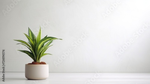 Houseplant. A plant in a pot on the floor near a white wall in the house. Leave space for text. © venusvi