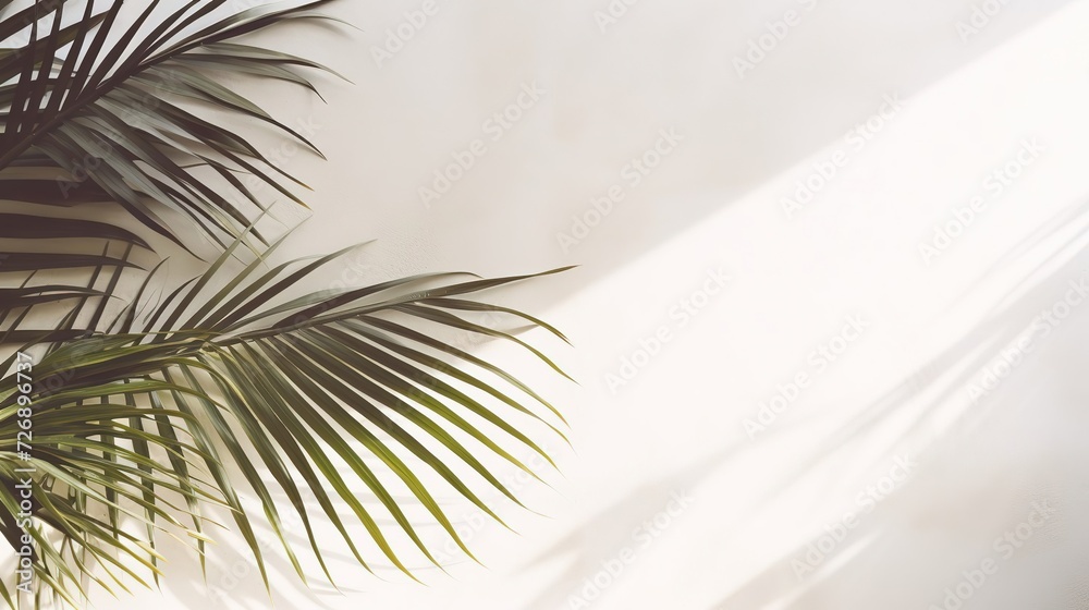 Fototapeta premium Light and shadow of leaves, palm leaves on a white background. Abstract tropical leaf silhouette, natural pattern for wallpaper, spring, summer texture