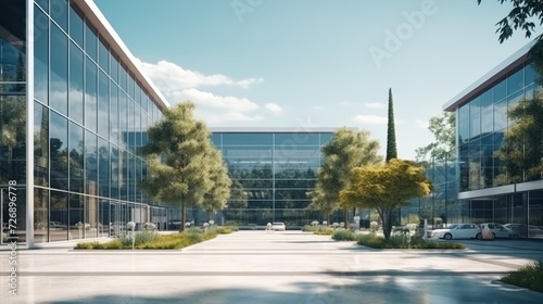 Business center with glass windows Modern office building with trees and parking