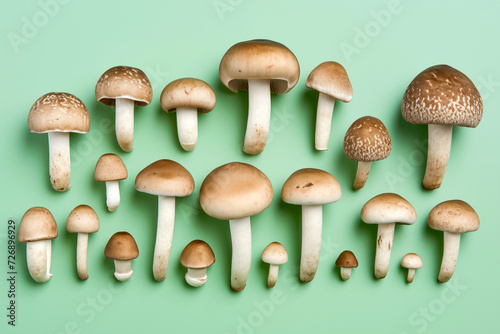 fresh champignon mushroom isolated on pastel green background. Raw food concept Flat lay composition
