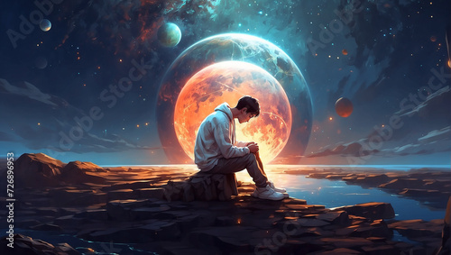 Young man looking down at the glowing little planet on the ground, digital art style photo