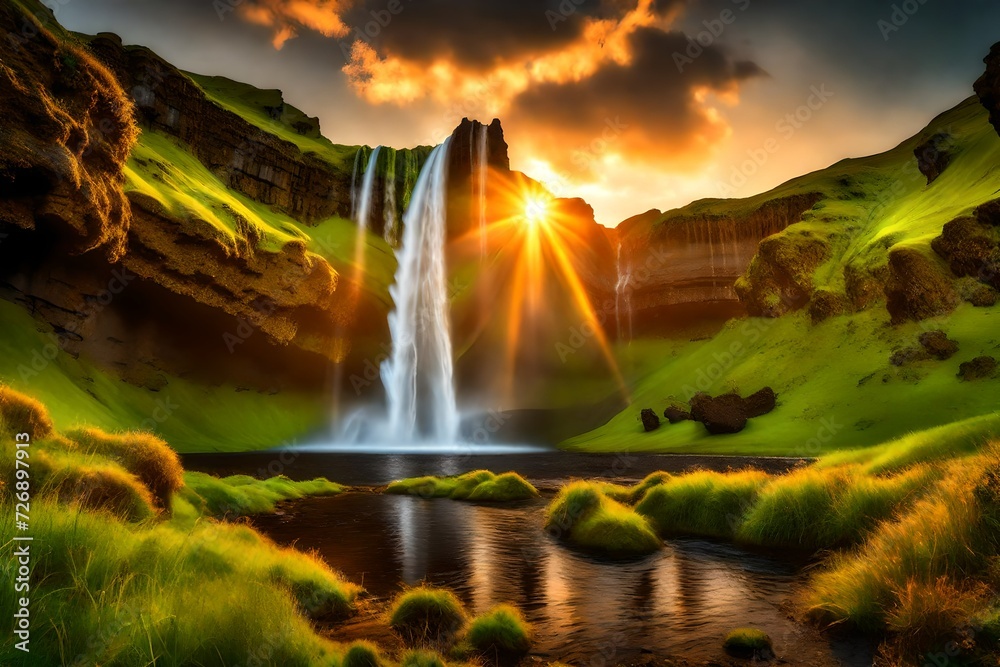 Seljalandfoss waterfall at sunset in HDR, Iceland at summer