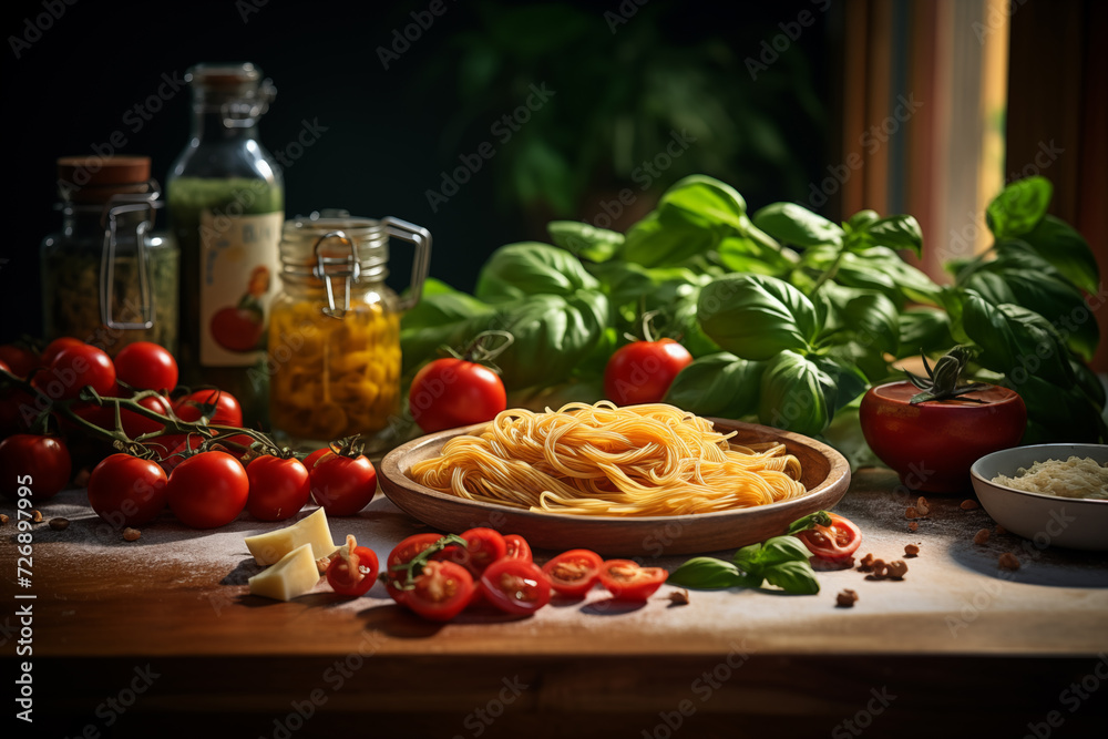 Italian food ingredients for Spaghetti Bolognese with cheese, tomato and basil organic raw food concept on wood background