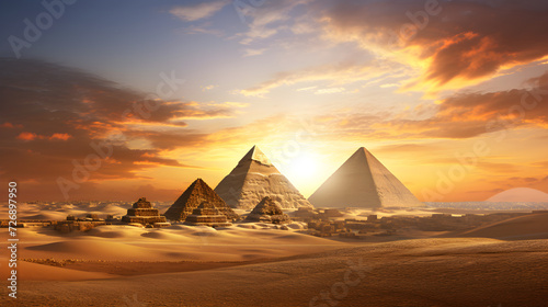Glorious Egyptian Pyramids Against a Setting Sun: Timeless Architectural Marvels Witnessing Eons © Herbert