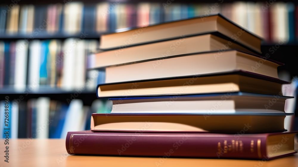 A stack of books rests neatly on the desk in the library. A stack of books rests neatly on the desk in the library.