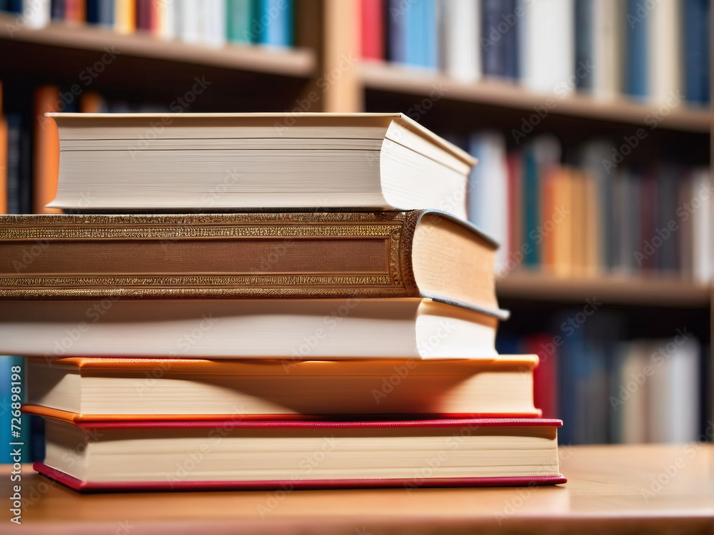 A stack of books rests neatly on the desk in the library. A stack of books rests neatly on the desk in the library.