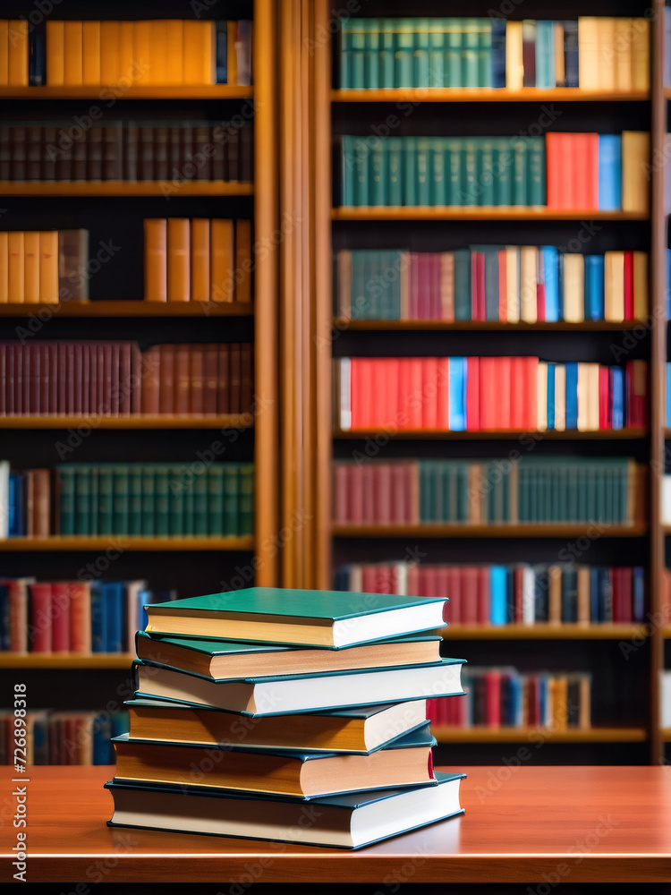 A stack of books rests neatly on the desk in the library. A stack of books rests neatly on the desk in the library.