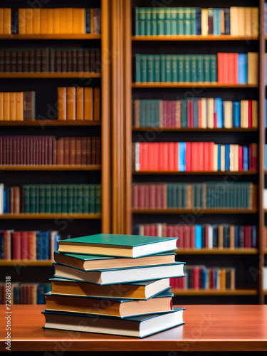 A stack of books rests neatly on the desk in the library.