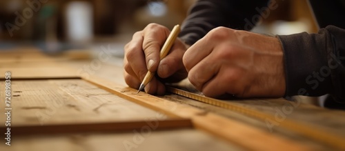 close up of craftsman hands measuring wooden planks and marking with pencil to make interior furniture photo