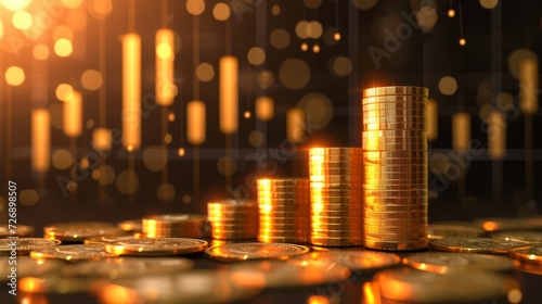 Stack of Gold Money Coins with Trading Graph Background. Growth Financial Data on Business Investment Concept, World Economics, Financial Stock and Cryptocurrency Market Graph