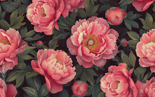 Hand drawn pink Peonies with watercolor texture