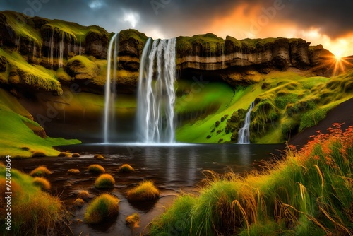 Seljalandfoss waterfall at sunset in HDR  Iceland at summer