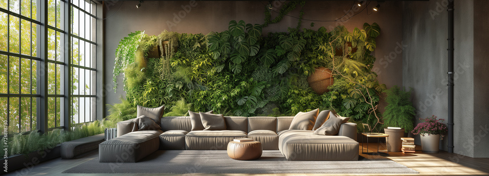Modern furniture and plant features bring nature together with living.Green power concept