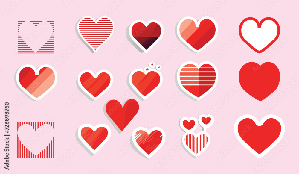 a 16 pieces collection of flat stiicker red heart vector illustration Pink background, set of hearts, set of icons,,