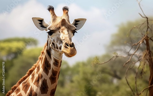 Realistic photo of Kordofan Giraffe or Giraffa camelopardalis antiquorum, with a green natural background. generative ai photo