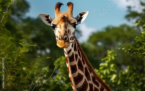 Realistic photo of Kordofan Giraffe or Giraffa camelopardalis antiquorum, with a green natural background. generative ai