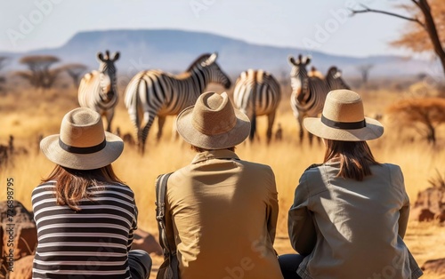 realistic photo A group of young people watching and photographing wild zebras on a safari tour in a national park. generative ai