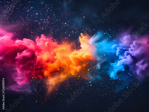 a cloud of colorful smoke, with red, orange, yellow, blue, and purple colors. The smoke is swirling against a black background with stars.