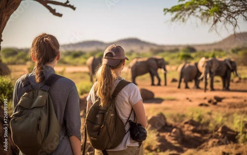 realistic photo A group of young people watch and photograph wild elephants on a safari tour in a national park. generative ai