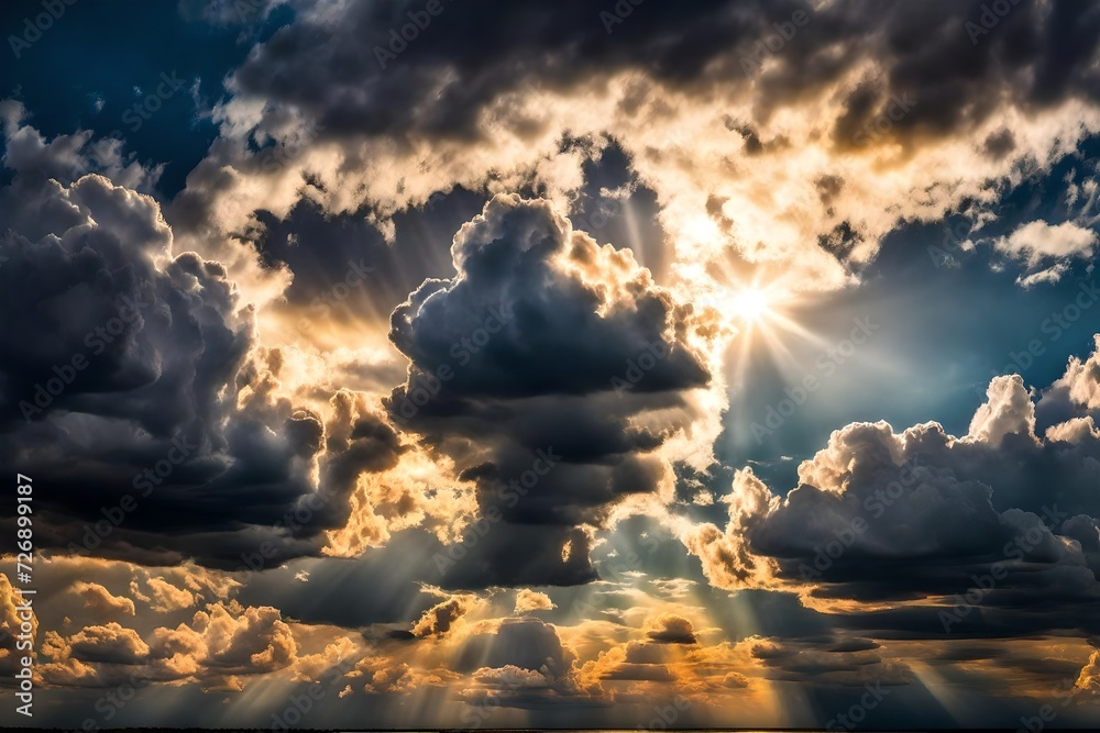 The sun shining through a dramatic cloudy sky