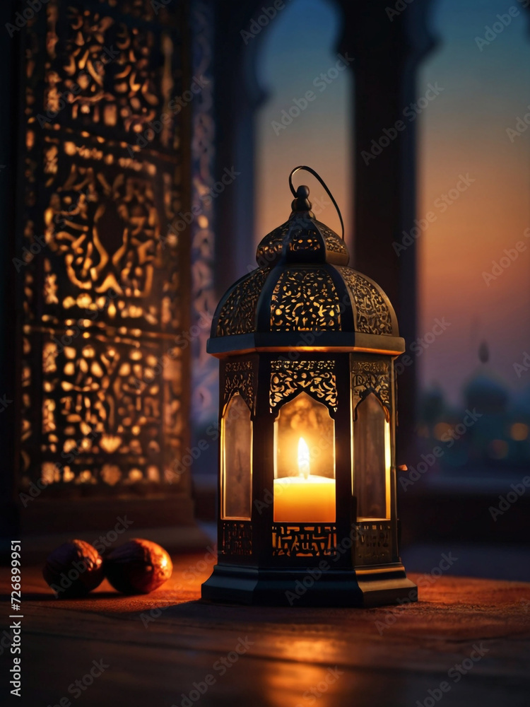 Islamic decoration background with lanterns and mosque lights