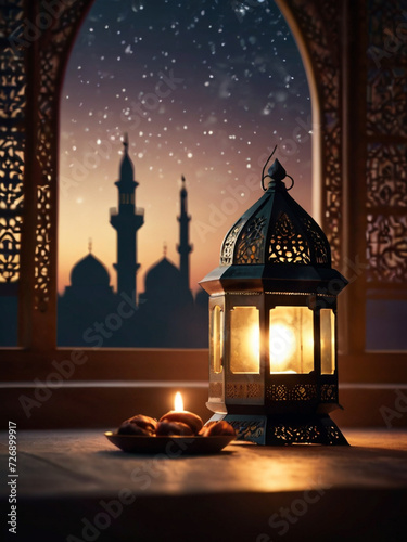 Islamic decoration background with lanterns and mosque lights