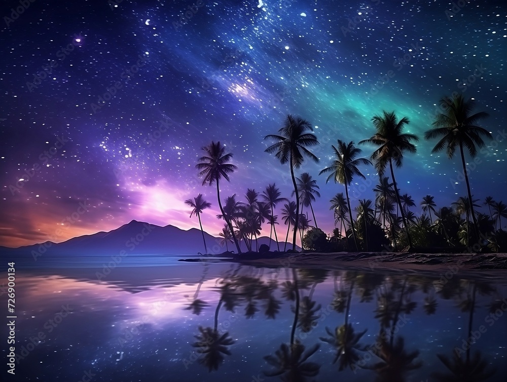 Tropical beach night sky with dark space on water and starry sky over palm trees