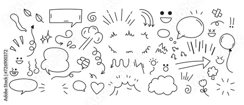 Set of cute pen line doodle element vector. Hand drawn doodle style collection of speech bubble, arrow, firework, star, heart, thunderbolt.