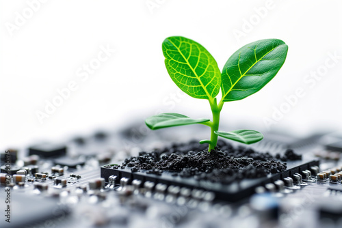 A small plant grows on an electronic circuit board.Green power concept