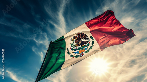 Mexican flag waving in the wind on blue sky with sun rays photo