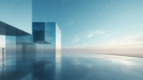 3d render of abstract futuristic glass architecture with empty concrete floor
